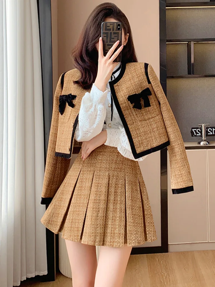 Elegant Autumn Short Mini Suit Skirts Single-breasted Bow Coat 2 Pieces Work Business Small Fragrance Tweed Women Sets Hot