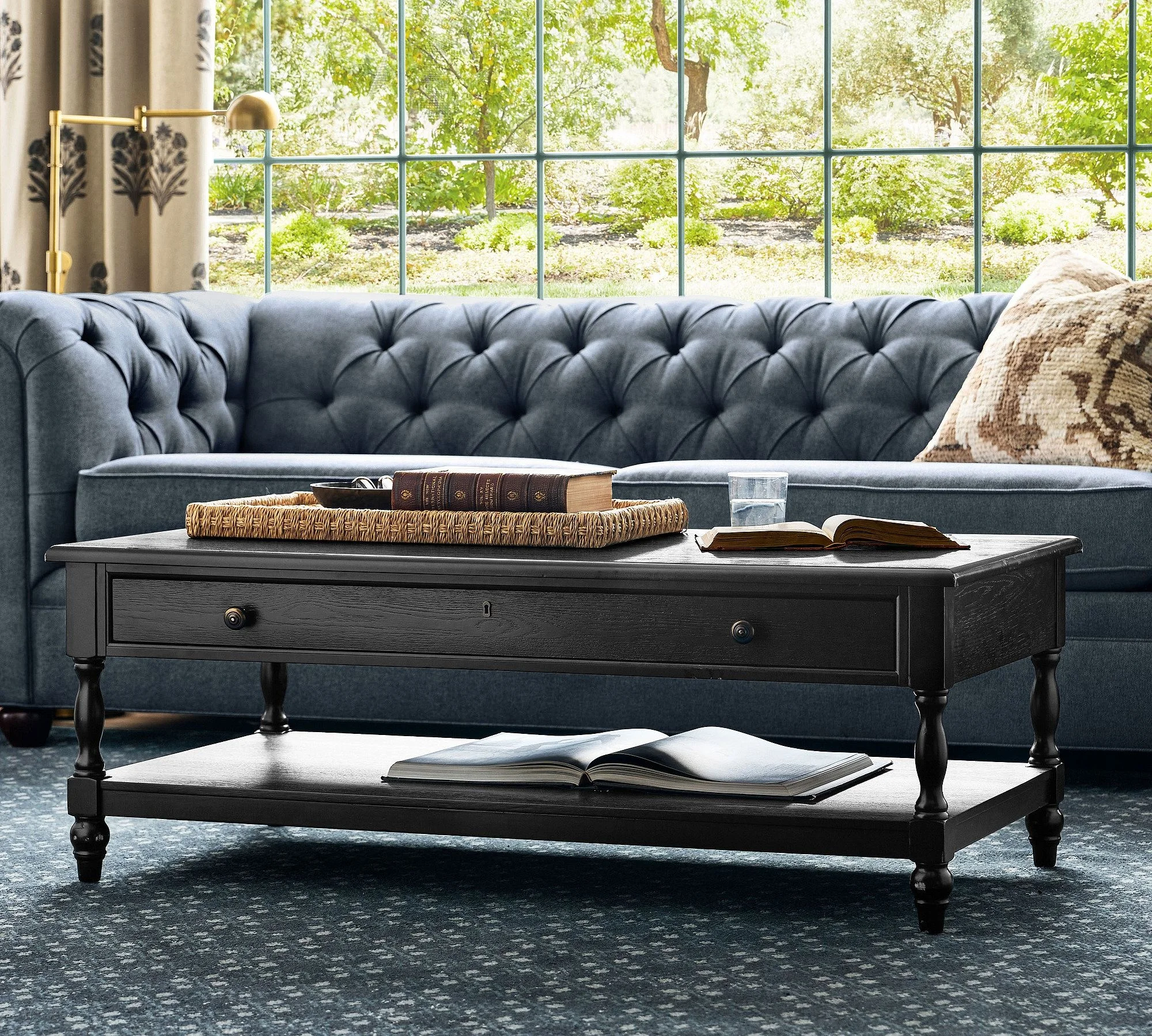 Stately Modern American Black Oak Coffee Table, Customizable Size 2-Drawer Center Table, Premium Natural Hardwood Cocktail Table