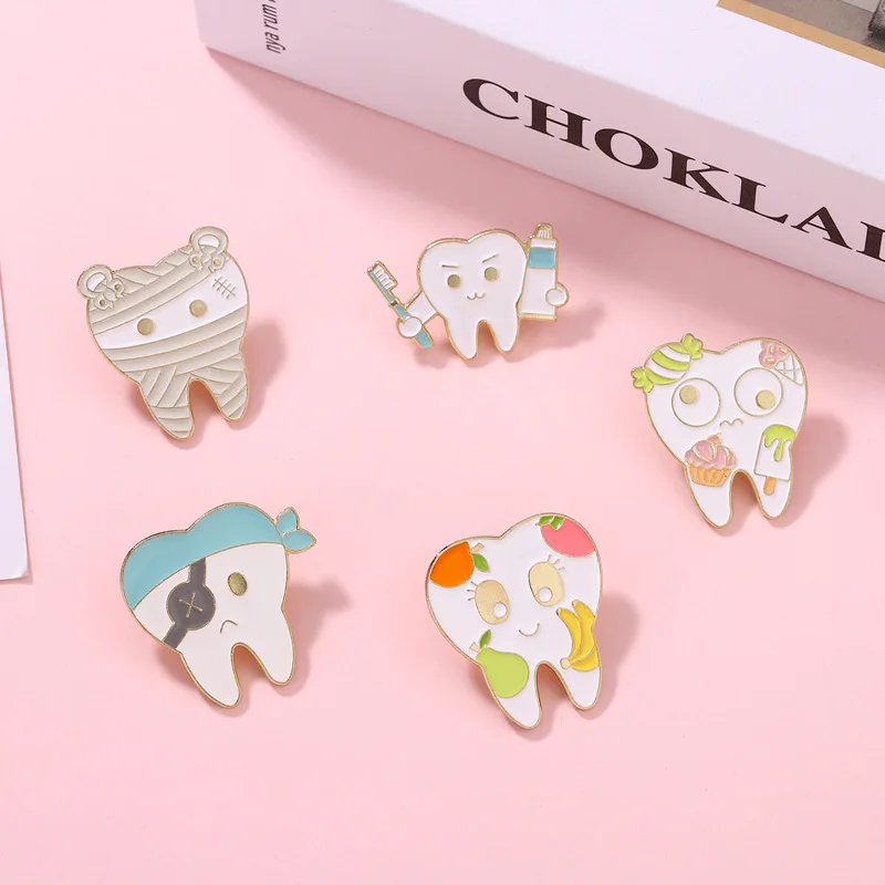 

Cartoon Teeth Enamel Pin Dentist Fruit Brooch Tooth Lapel Badge Metal Sweather Hat Wholesale Friends Gift Jewelry Free Shipping