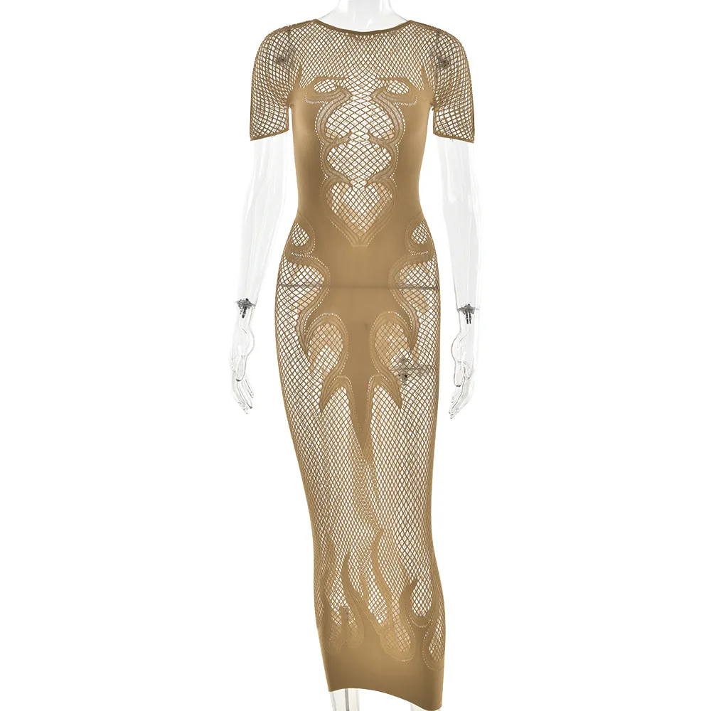 Bangniweigou Fishnet Durchsichtiges Rundhals-Midikleid für Damen, sexy Nachtparty, kurzärmelig, dünne Robe
