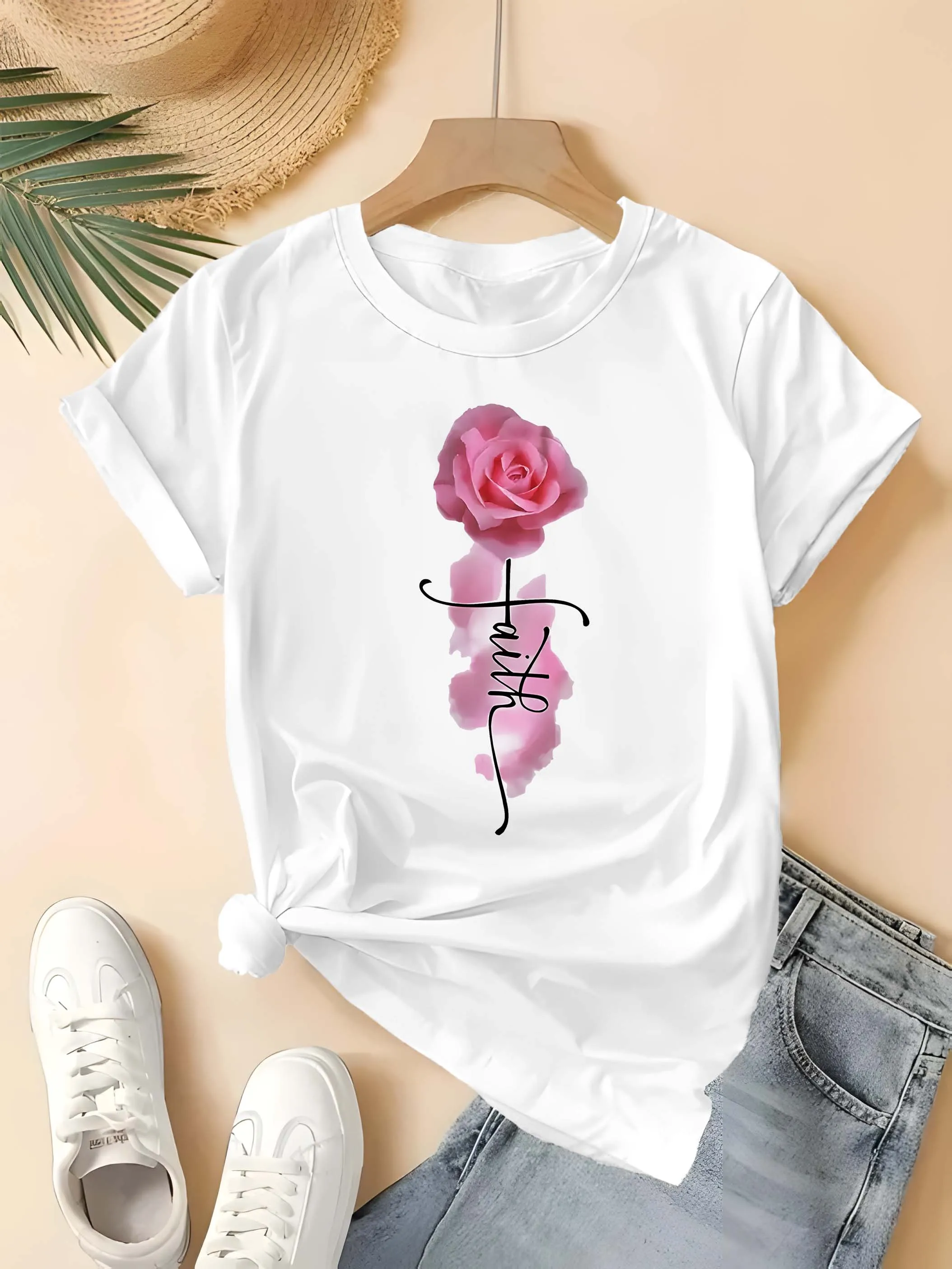 

Plus Size Faith Rose Print T shirt for Women Stylish and Elegant Casual Wear Top with Delicate Floral Design Graceful Look ﻿