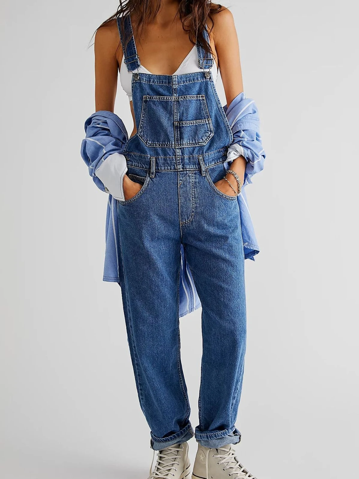 Niebieski kombinezon dżinsowy Kombinezon Rompers Kobiety Pasek Otwór Wydrążony E-girl Casual Spodnie robocze Hot Y2k Jeans Długie spodnie Streetwear