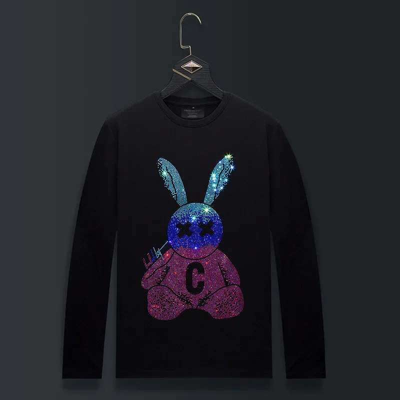 Plus Size Long Sleeve T Shirts Men Cartoon Rabbit Rhinestones Fashion Streetwear O Neck Slim Modal Cotton Tshirts Mens Clothing