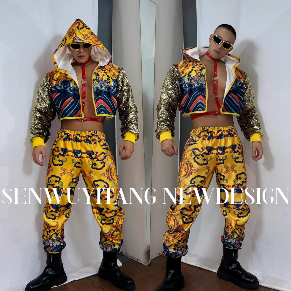 

New Gold Printed Sports Set Nightclub Bar Male Female Singers Dance Team Sexy Stage Costume Festival Party Theme Show Clothing