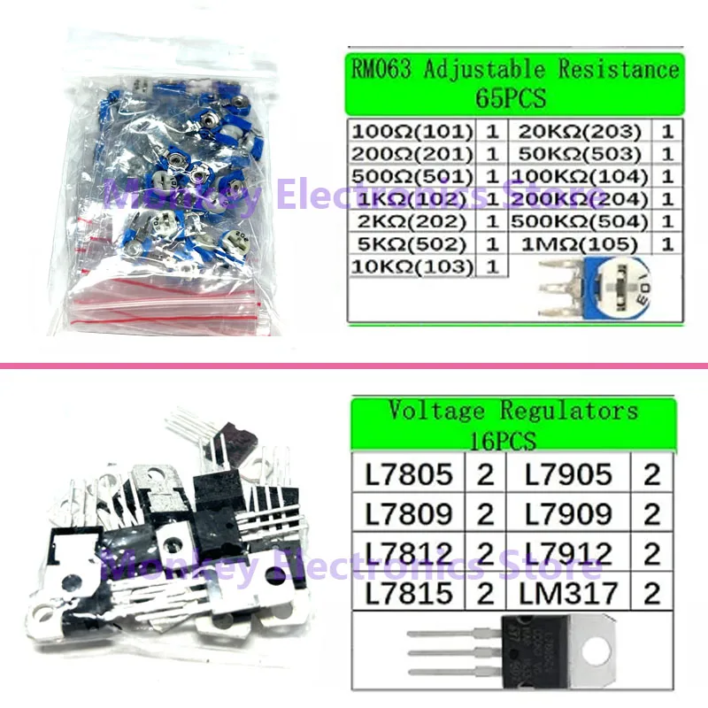 Kit de Componentes Eletrônicos, Resistores de Capacitores Monolítico, Diodos LED, PCB, Potenciômetro RM063, TO-220, 3mm, 5mm, 1818Pcs
