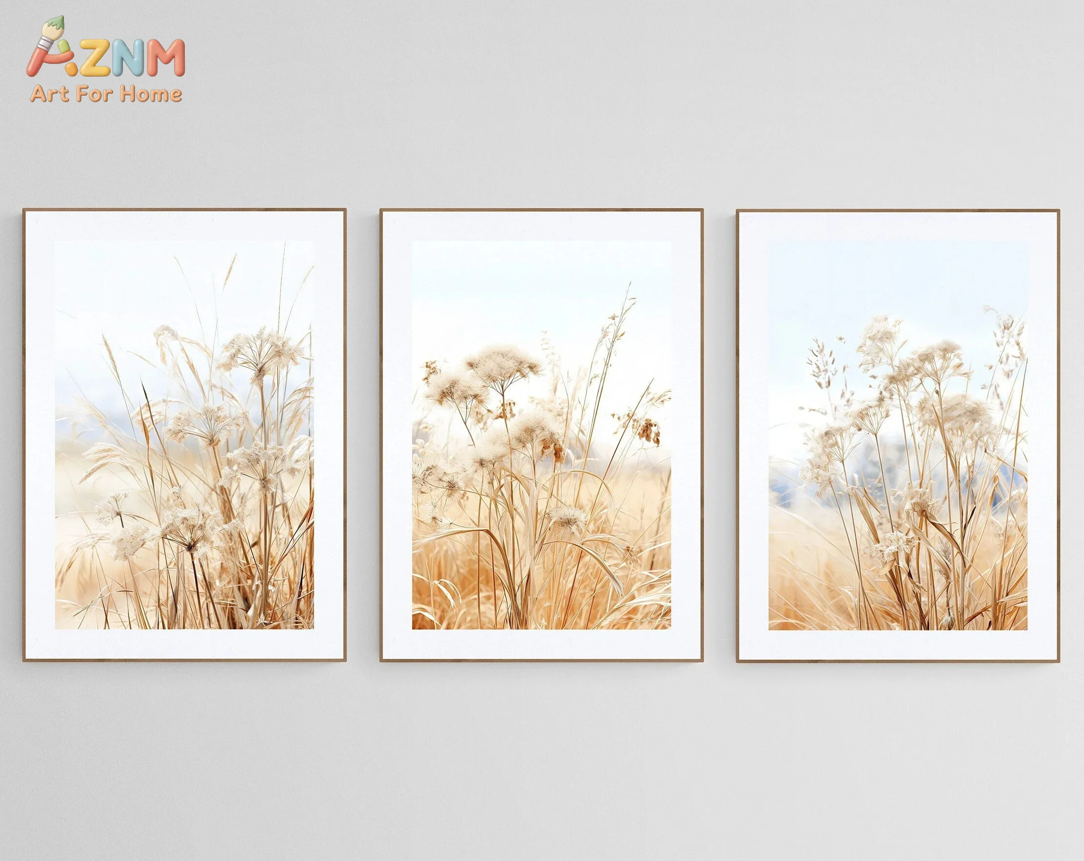 AZNM  Neutral Dried Grass Canvas Wall Art, Wild Reed Pampas Grass Landscape Print Frameless Canvas Painting, Boho