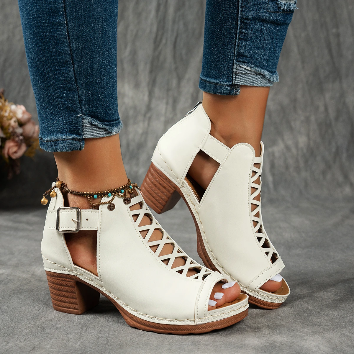 Women Summer Elegant Sandals Thick Heel Wedge Chunky High Heels Sandals Open Toe Hollow Cross Bundled Wedding Shoes for Women image 6