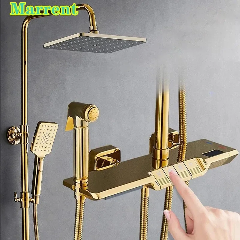 Home Improvement Gold Rainfall Bathroom Shower System Faucet with 12 Inches ABS Shower Head Brass  Bathroom Shower Set Mixer