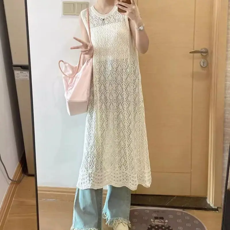 Summer Hollow Vest Skirt Knitted Sweater for Women Spicy Girl Wearing Dress French Thin Style Outer Cover Medium Long Style For