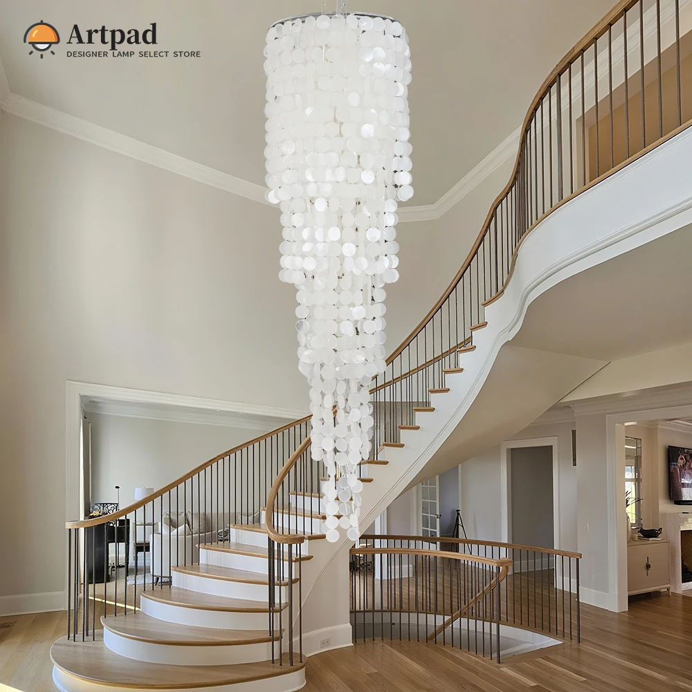 

White Round Shell Pendant Light For Staircase Stairway Loft Living Room Modern Luxury Long LED Ceiling Hanging Chandelier