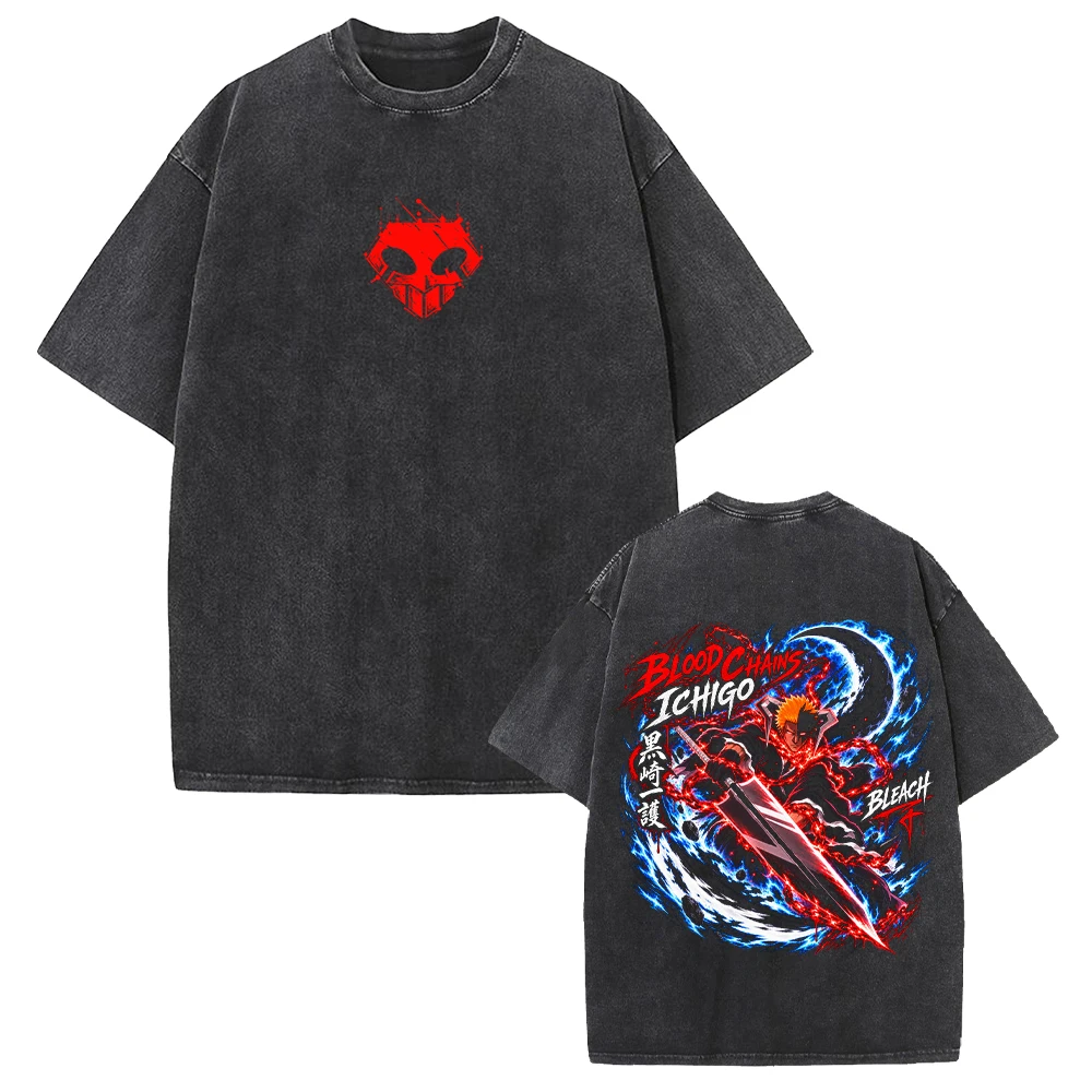 Anime Bleach Blood‑Chains Ichigo Kurosaki T-Shirts Harajuku Vintage Washed T-shirt Unisex Clothing Short Sleeve Fashion Tee Tops