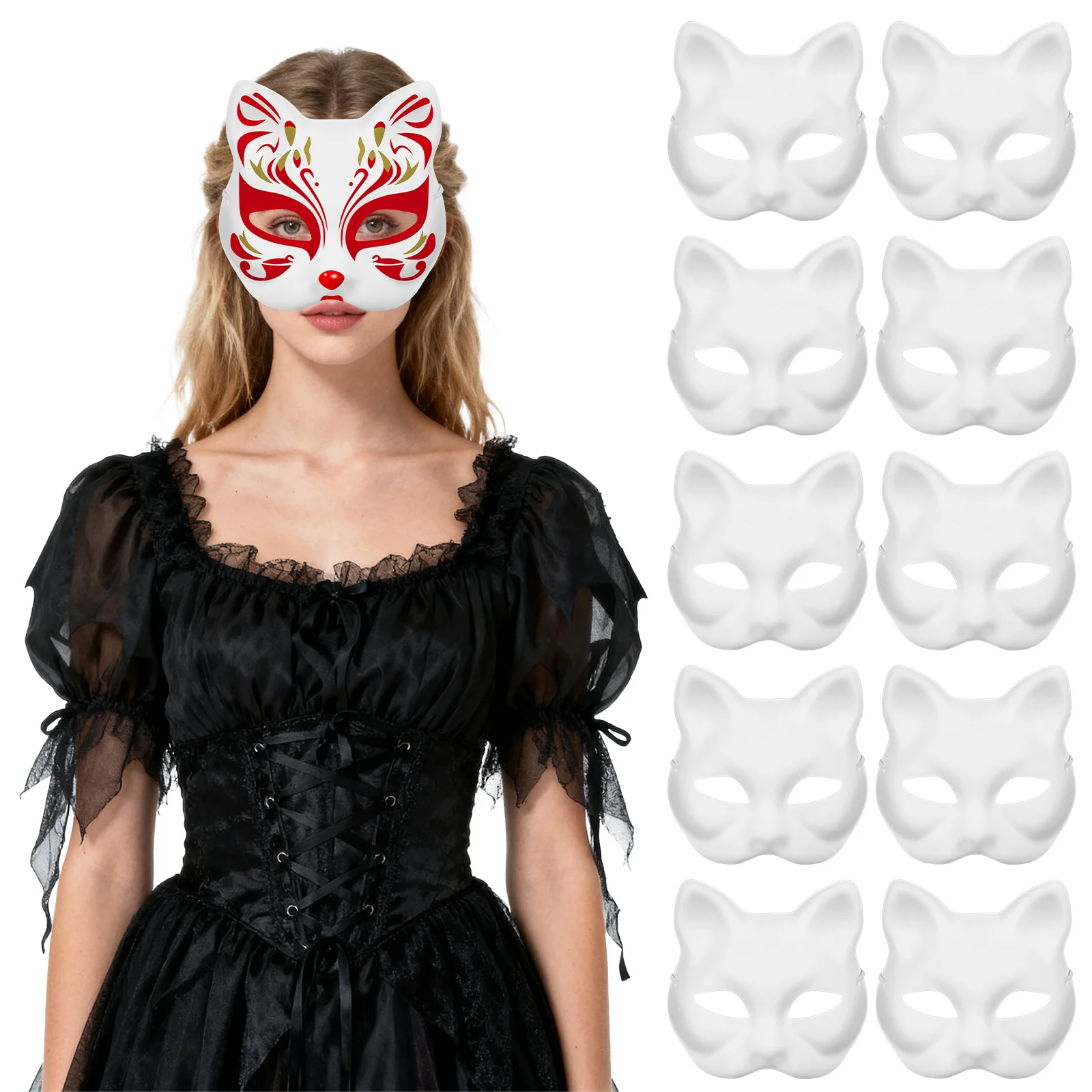 

10 pcs Blank Paper Masks White Cat Shape Hollow Eyes Elastic Band For Diy Painting Masquerade Halloween Costume Party Cosplay