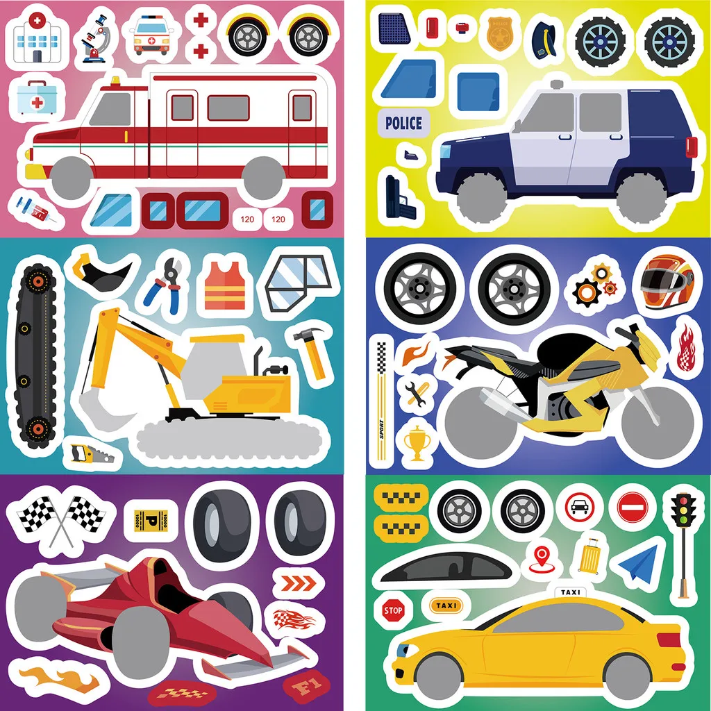 8-Style Cartoon Construction Vehicle Make a Face Stickers - DIY Decor for Journals, Cards & Phone Cases AnimeWorlds Store