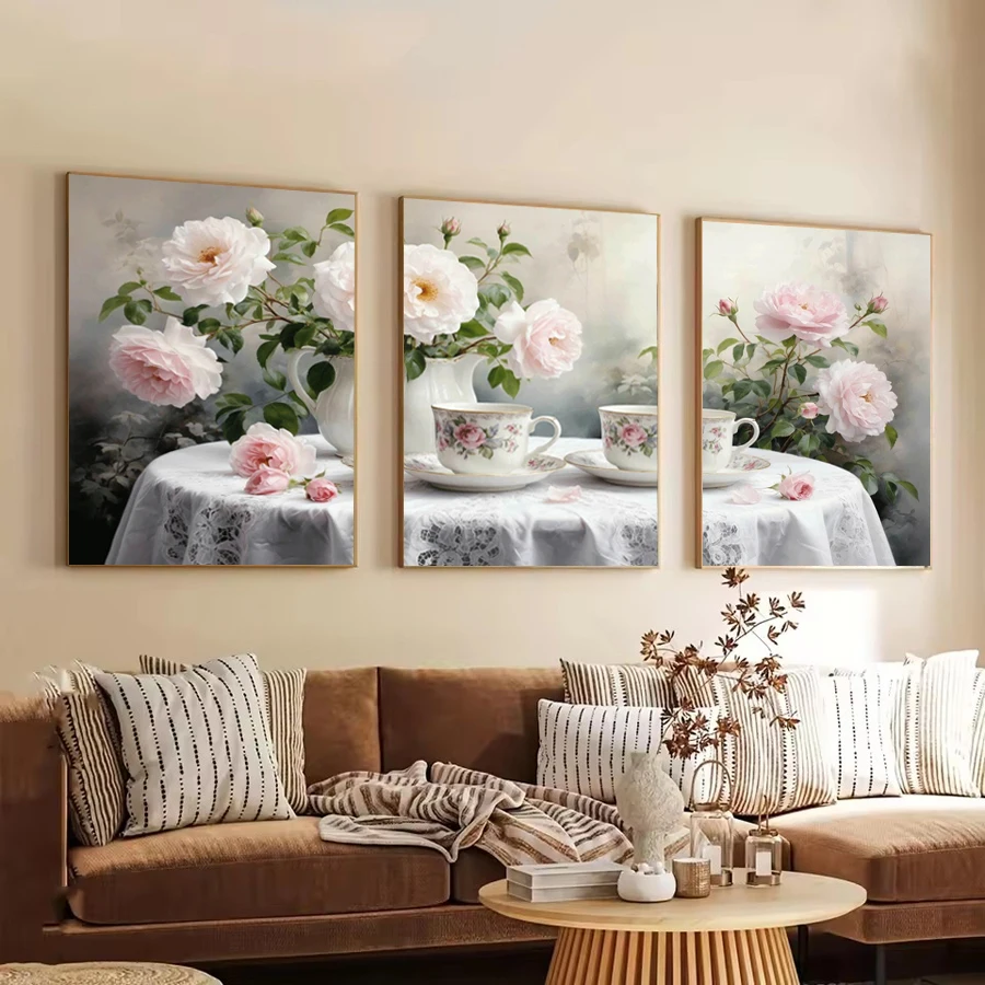 Fullcang Still Life Flower Table Coffee Cup Diy Diamond Art For Adults Painting Triptych Full Mosaic Embroidery Picture 3Pcs/set