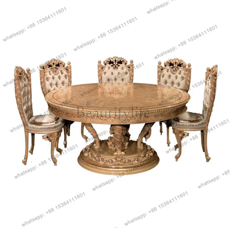 

D36Italian European dining table and chair combination French birch carved round dining table villa court furniture