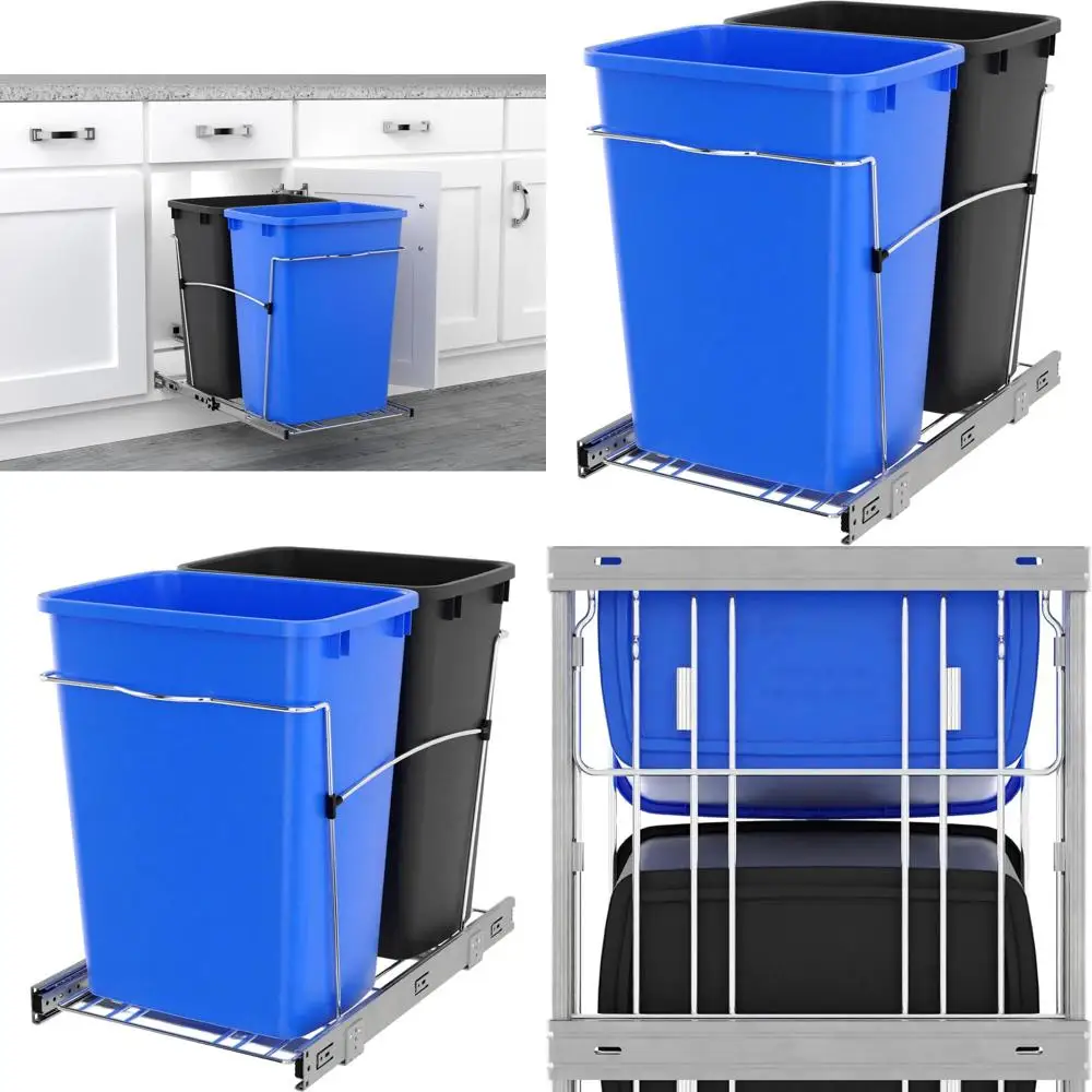 

35-литровый двойной выдвижной мусорный бак для кухонных шкафов с синим/черным мусорным баком для вторичной переработки на полных направляющих
