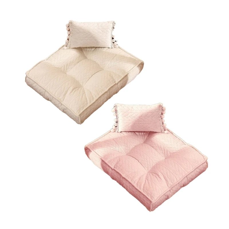 

F19F Newborn Photography Props Set Soft Mattress Tasseled Pillow for Baby Photoshoots