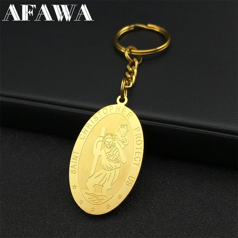 Saint Christopher Protect Us Key Ring for Women Men Stainless Steel Gold Color Religion Amulet Keyrings Jewelry