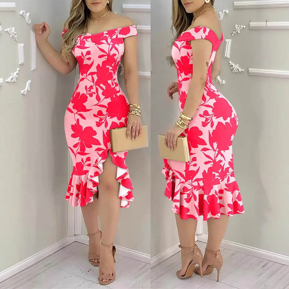Abito da donna a fiori Abito aderente con spalle scoperte con stampa floreale Abito slim fit con orlo arricciato