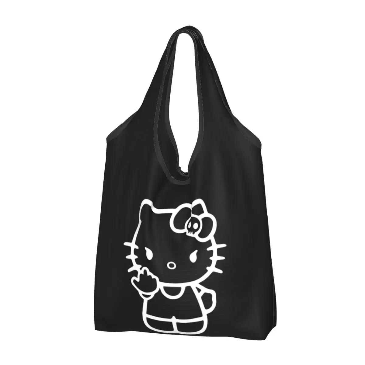 Reusable Hello Kitty Middle Finger Grocery Bags Foldable Machine Washable Shopping Bags Large Eco Storage Bag Attached Pouch