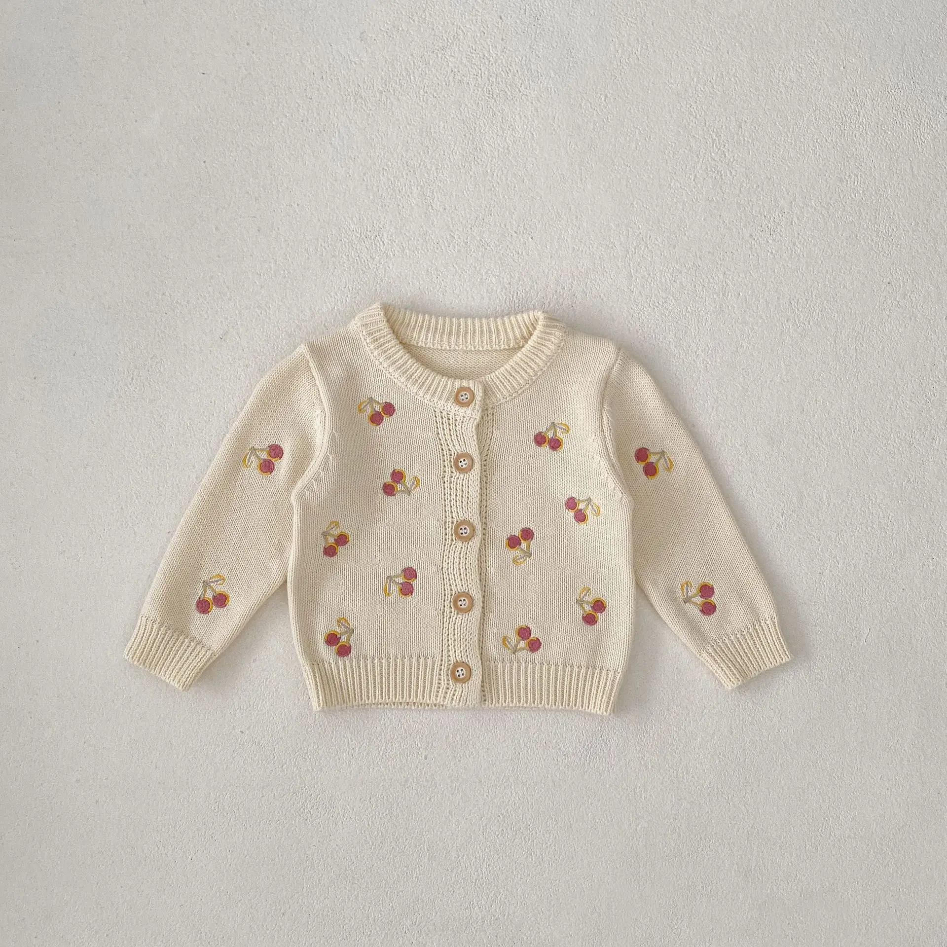 2024 Autumn New Baby Long Sleeve Knit Cardigan Infant Girls Cherry Embroidery Sweater Jacket Toddler Knitted Coat Kids Clothes