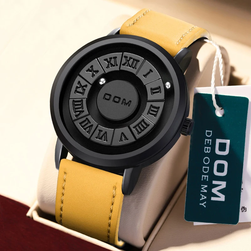 Creative Magnetic Ball Watch for Men, No Mirror Dial Roman Number Quartz Wristwatch, Extra Leather Strap & Spring Bars as Gift