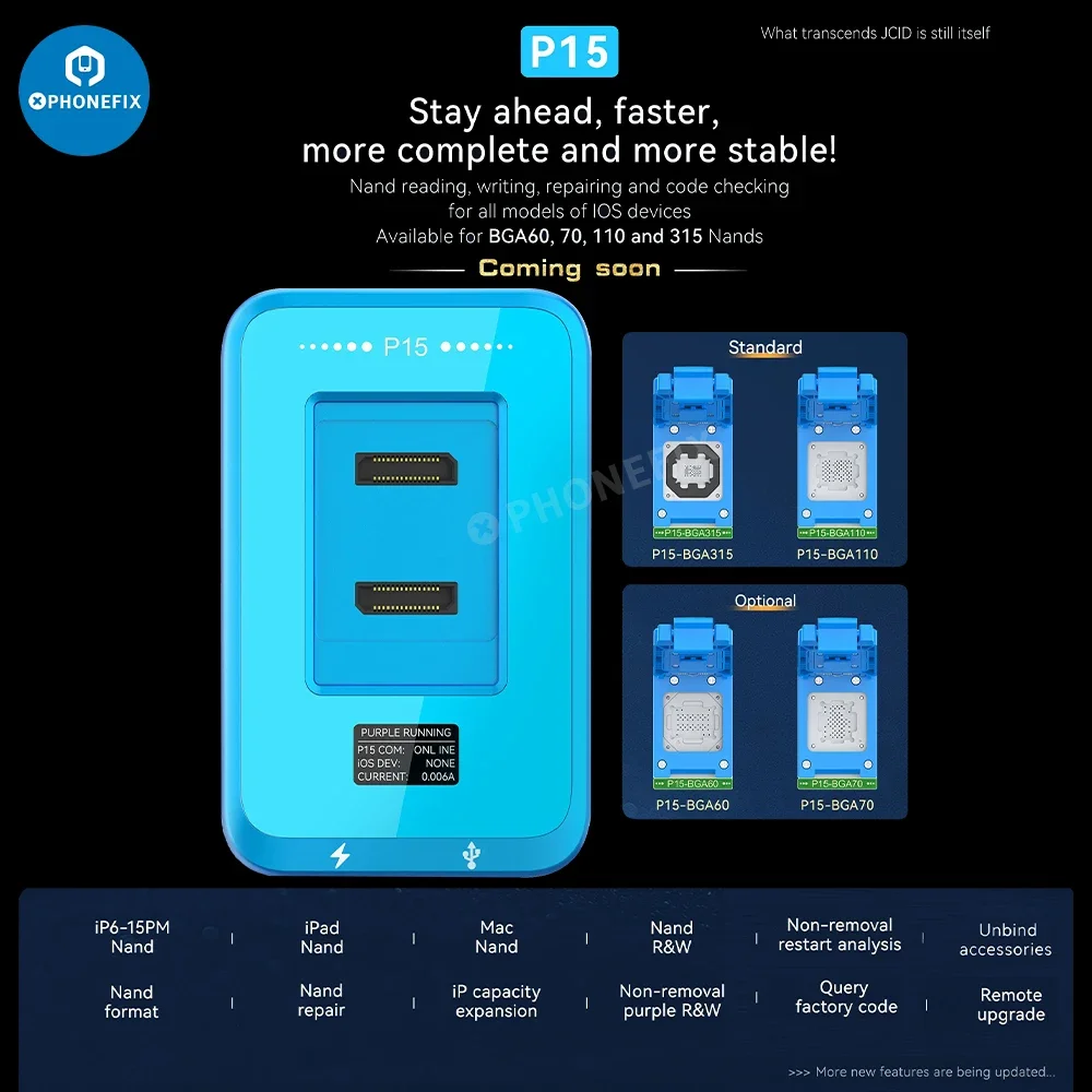 Jcid P15 NAND โปรแกรมเมอร์ BGA315 BGA110 BGA70โมดูล BGA60สำหรับ iPhone 6-15 PRO MAX iPad NAND Flash Read และการซ่อมแซมรูปแบบการเขียน