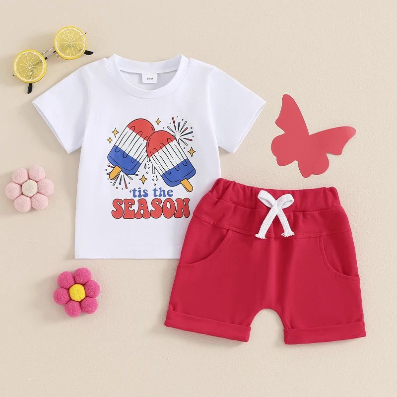 

2024-03-06 Lioraitiin 0-3Y Toddler Baby Boys 4th of July Shorts Sets Short Sleeve Letter Ice Cream Print Tops Shorts Sets