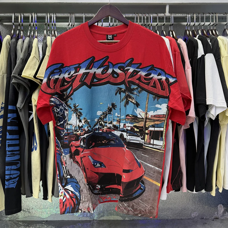 LIFE HUSTLERS Tops Tees Men's Women's New American Style Hip Hop Trend Diamond Stamped Short Sleeved T-Shirt Stock