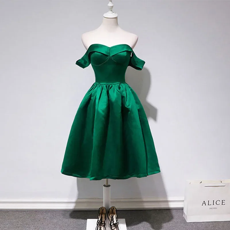 

Clearance Evening Dress Green Satin Off the Shoulder Zipper Back Tea-length A-line Women Party Formal Gown LX694