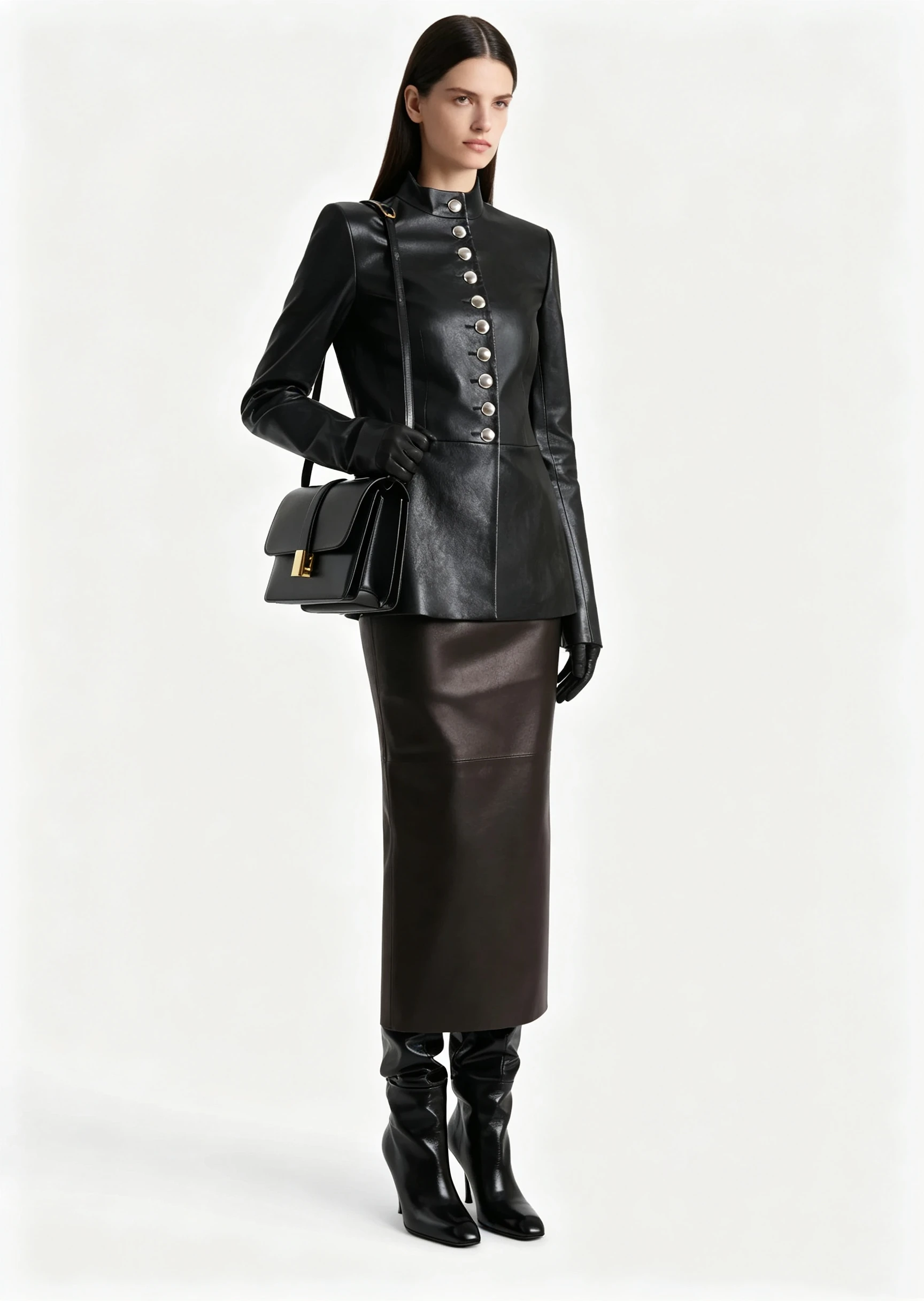 Vintage Military Style Faux Leather Coat Featuring Cinched Waist and Silver Buttons