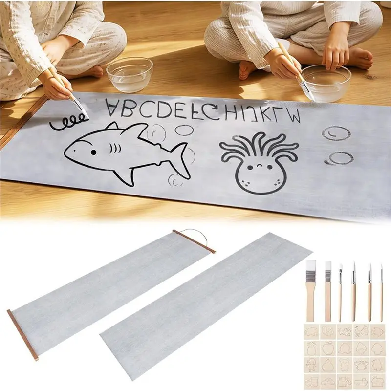 New Arrivals-5 Pcs Water Drawing Writing Canvas Set: 13.7X55 Inch With Magnetic Frames, 5 Water Pens, And Painting Templates