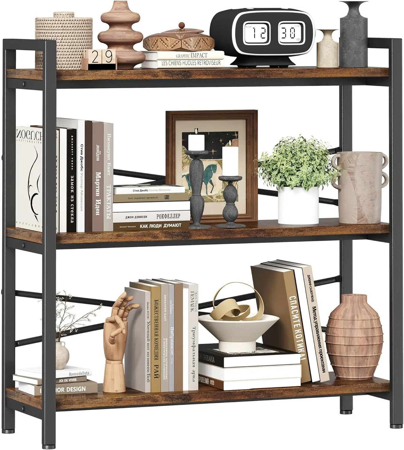 

3-Tier Wide Bookshelf 31.5" Wood & Metal Bookcase for Living Room Bedroom Office Storage