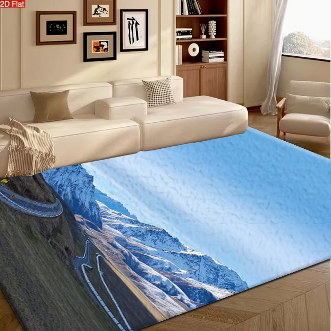 Snow-Capped Mountain Winding Highway Carpet Flooring, Alpine Nature Scenery Non-Slip Area Rug for Living Room Bedroom Home Decor