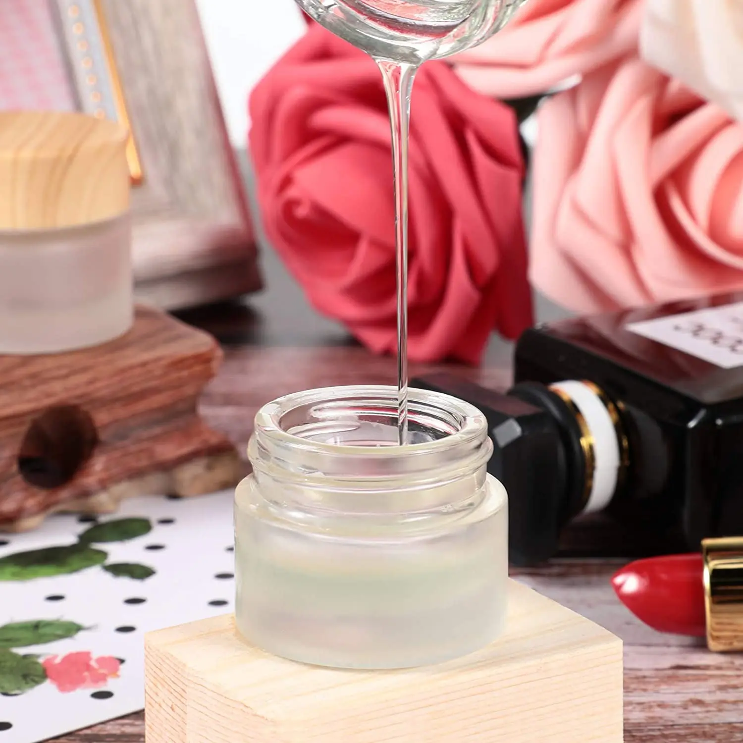 10 Stück 5/10/15/20/30/50/60g Leere Probengläser aus mattiertem Glas für Make-up, Lotion, Creme mit Holzmaserungsdeckel, Kosmetikbehälter – Detail 7