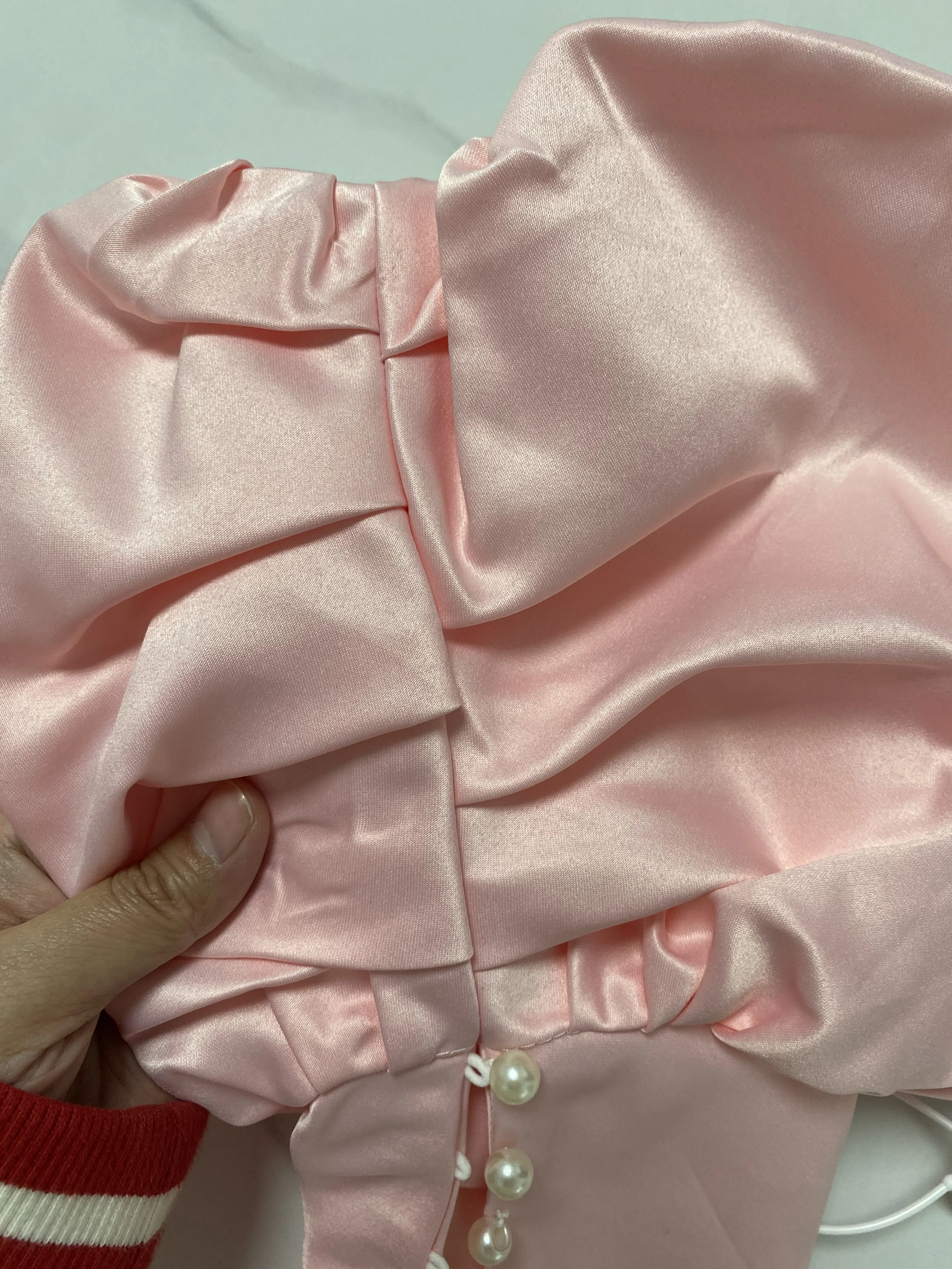 Women\'s Elegant Designer Puff Pink Satin Arm Sleeve Female Vintage Photography Formal Dress Performance Party Glove R614