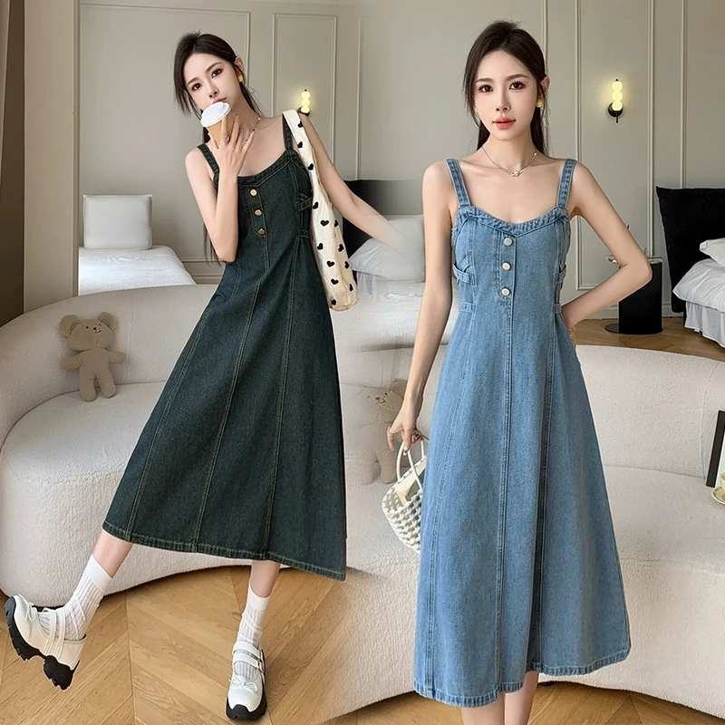 高度なセンスデニムスリングドレス女性の春夏の新サスペンダージーンズドレススリムハイウエストロングドレス Vestidos S-5XL