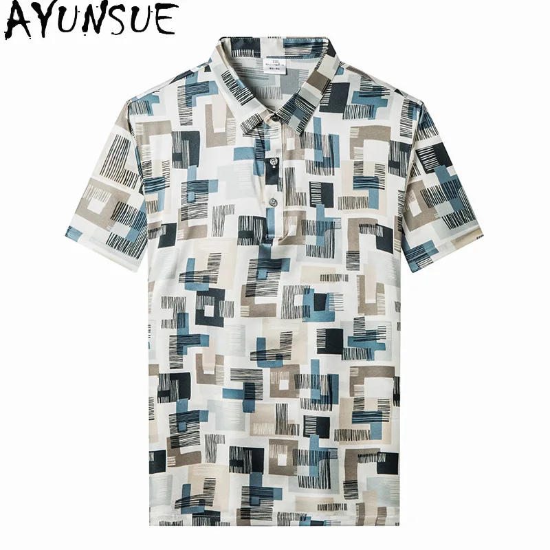 AYUNSUE 92.5% Real Mulberry Silk T Shirt for Man Clothing Korean Fashion Printed Polo Shirt Mens Tee Satin Polo Shirts Herren