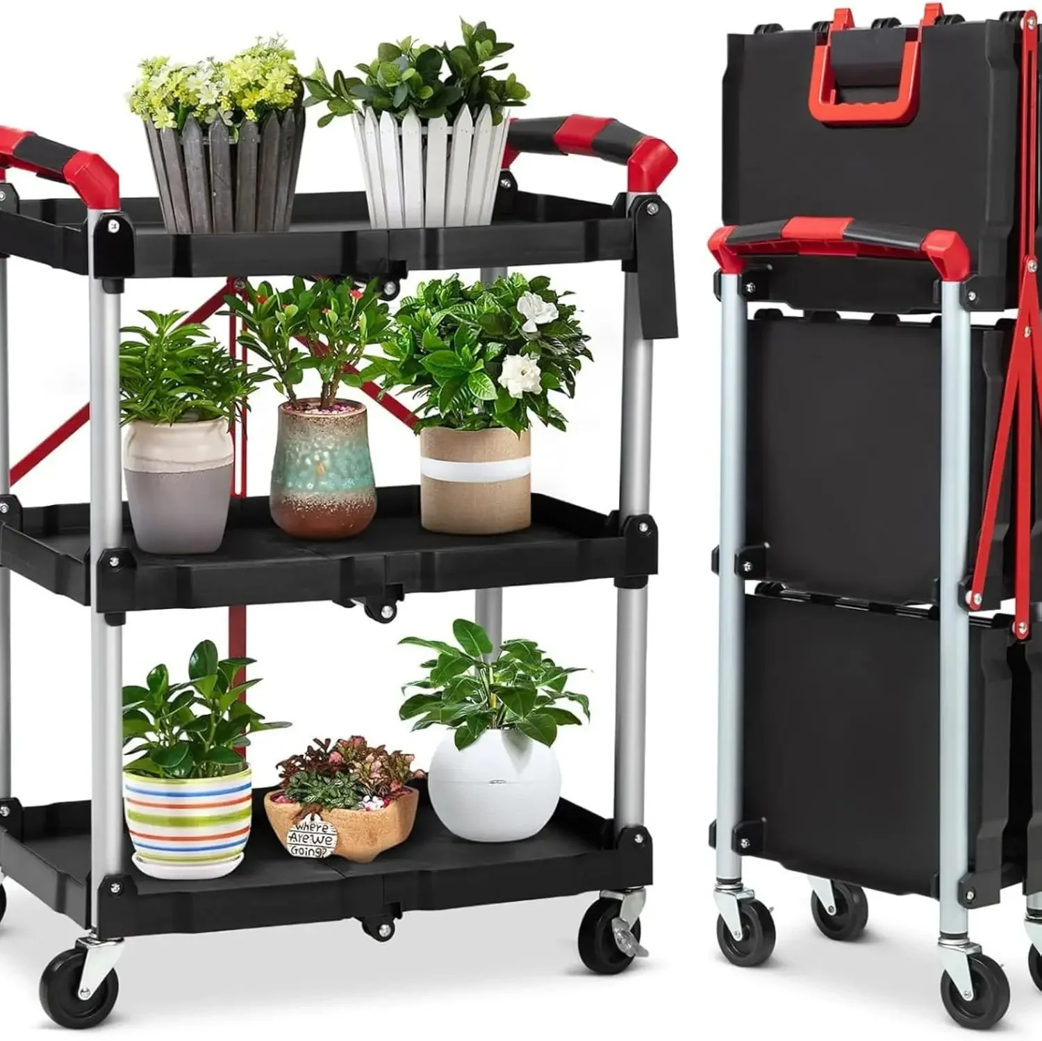 3-Tier Rolling Tool Cart w/Lockable Wheels, Foldable Utility Service Cart, 165LBS Heavy Duty Plastic Rolling Cart, Portable Fold