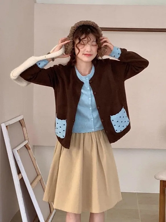 Color Block Knitted Sweater Coat Women's Loose Fit round Neck Short Sleeve Button up Casual Style Autumn Winter New Arrival