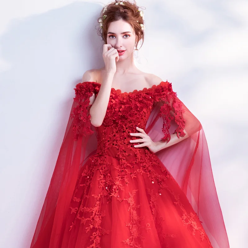 Rose red evening gown with long sleeves draped over gauze, 2023 new bride wedding and toasting attire, fairy aura evening gown