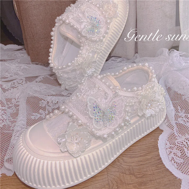 Verão doce respirável aumentando sapatos de tabuleiro feminino renda branca sapatos casuais sola macia senhora casamento moda