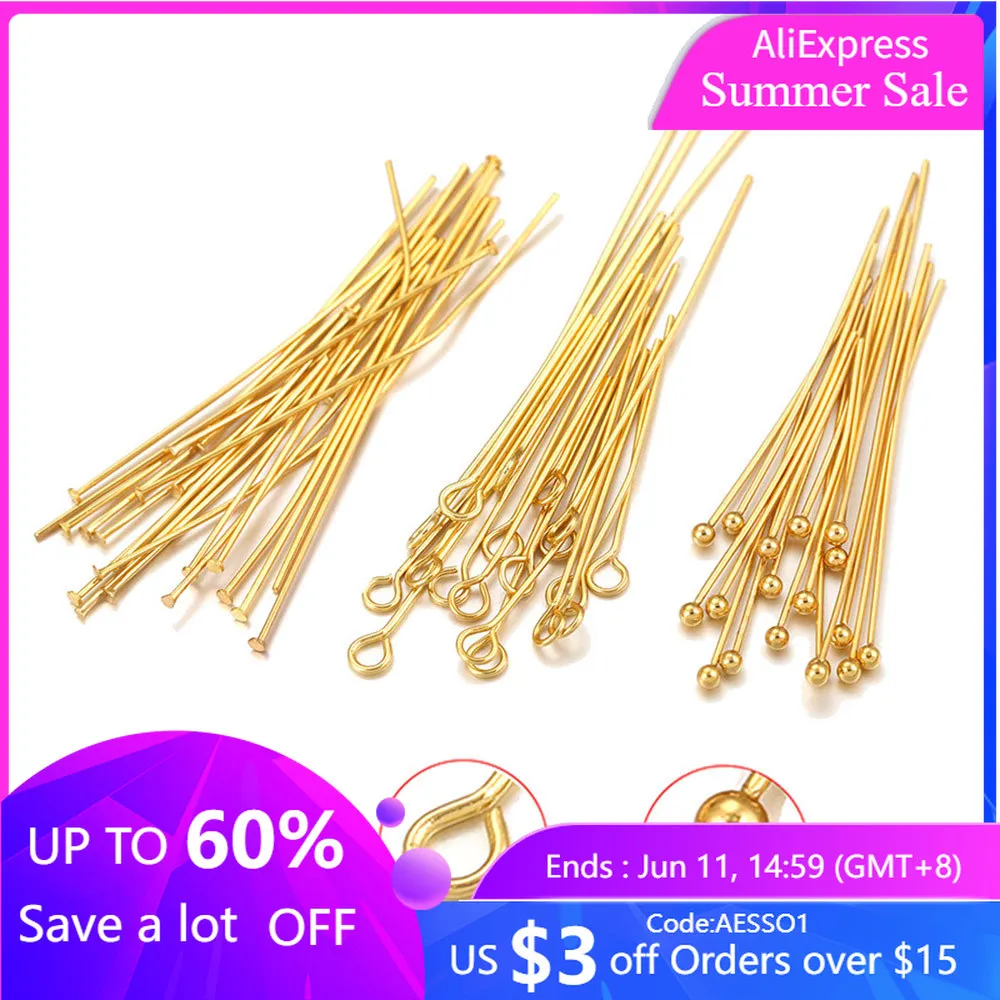 20pcs Stainless Steel Ball Pins Gold Color Flat Head Eye Needles DIY Bead Bracelet Jewelry Making Supplies Accessories Wholesale