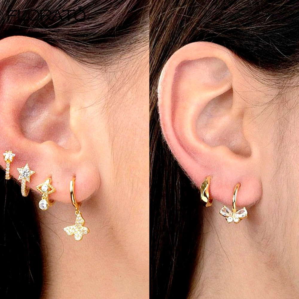 925 Sterling Silver Ear Needle Cute Crystal Butterfly Pendant Hoop Earrings for Women Colorful Flower Earrings Fashion Jewelry