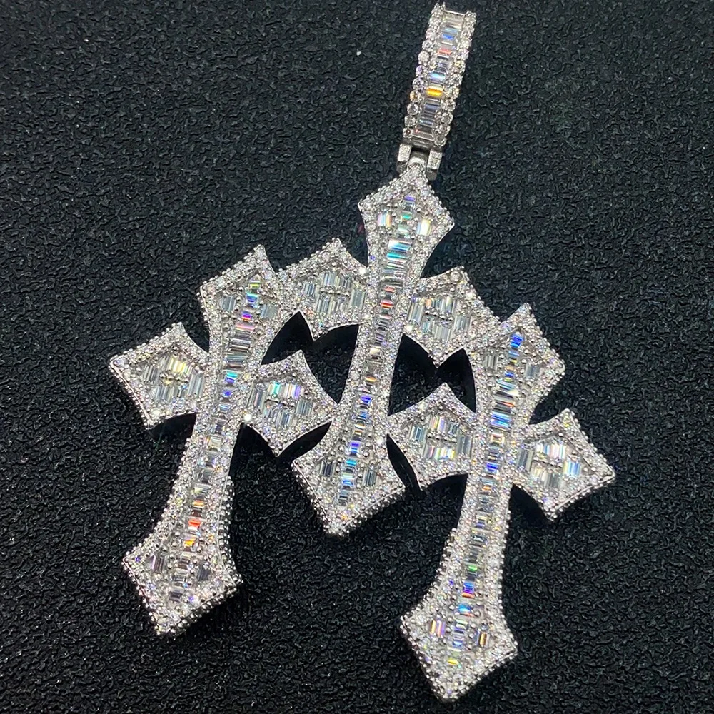 Iced Out D Color Baguette Moissanite Cross Pendant Hiphop Jewelry Three Combined Cross Diamond Pendant Tennis Necklace Pass Test