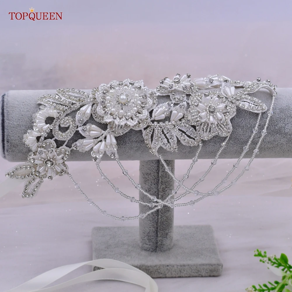 TOPQUEEN – ceinture fleurie pour mariage, avec perles, strass, faite à la main, pour fête, S80