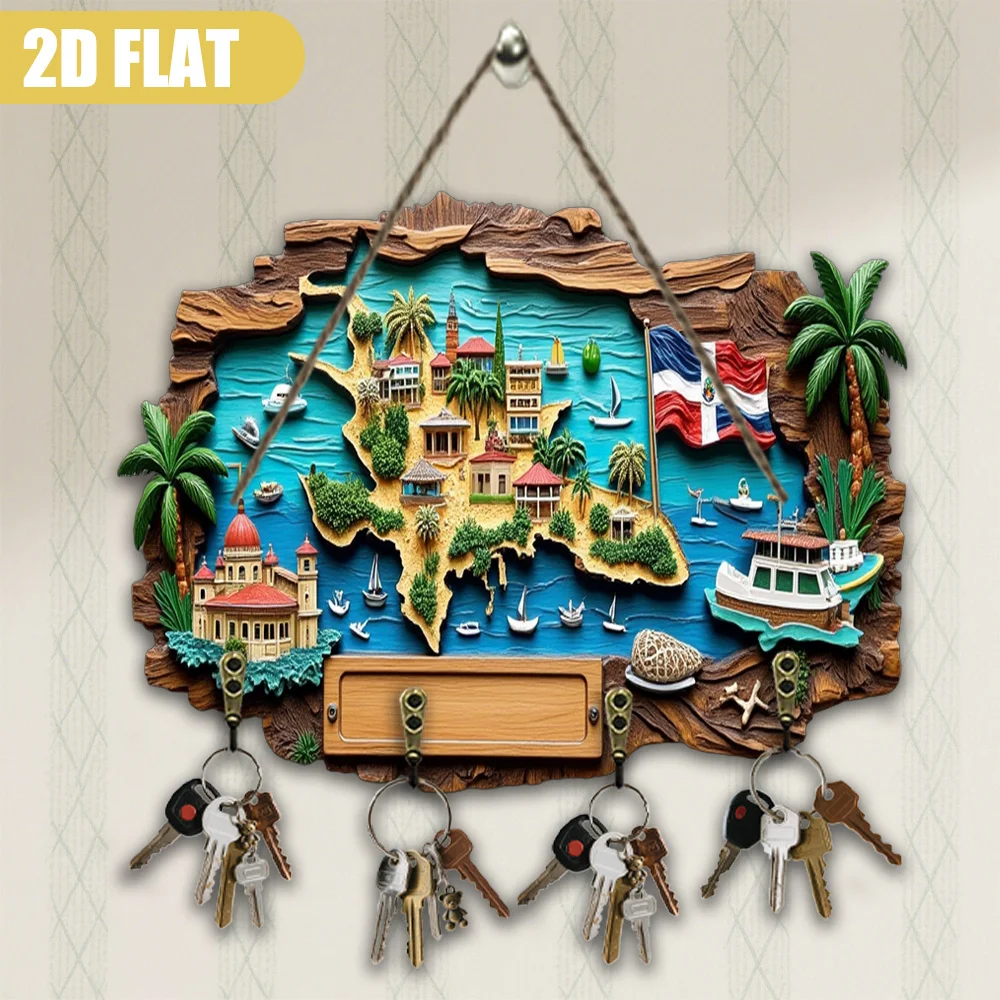 Dominican Republic Map Wall Art - Solid Wood Key Holder with Santo Domingo & Punta Cana Landmarks - Wood Key Hanger for Home,