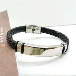 Personalized Customized Text Eight Strand Weave Leather Bracelets Engrave logo Name Stainless Steel Bracelet For Women Men