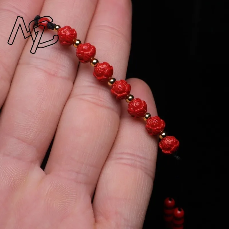 Customized Cinnabar Lotus Key Chain Organic Jewellery Carved Fashion Chinese 6MM Beads DIY Gifts Amulet Bag Buckle Pendant Red