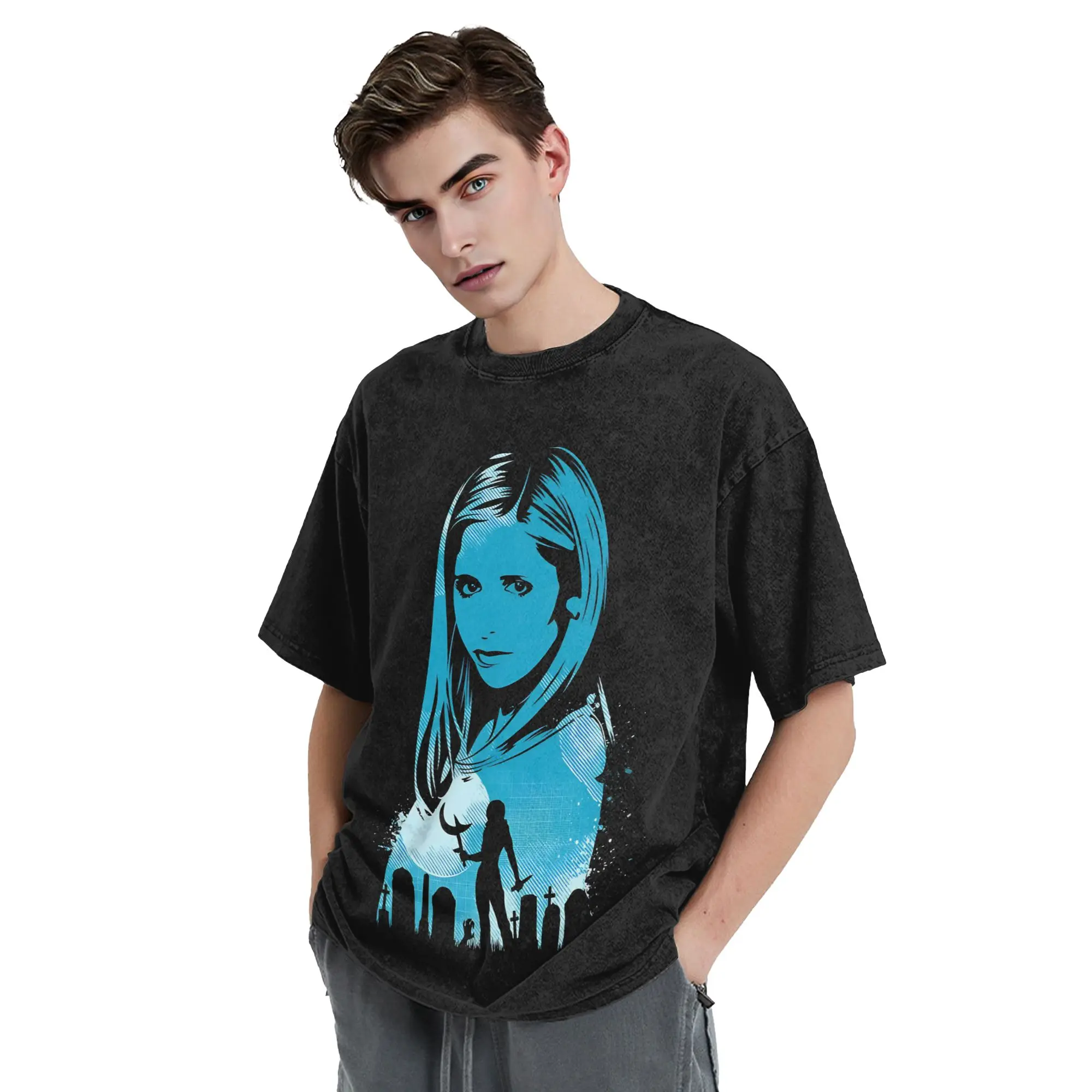 Buffy the Vampire Slayer T Shirts Washed Oversize T-Shirts Horror Movie for Men Women Tops Streetwear Graphic Printed Tops Tees
